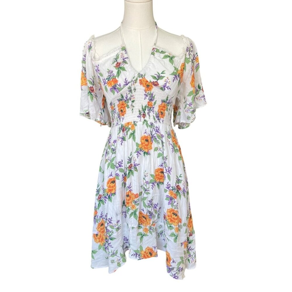 Angie Y2K Babydoll Milkmaid Mini Dress Size S Floral Coquette Halter Festival
